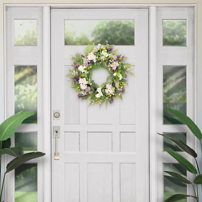 Puleo International 30" Artificial Hydrangea Floral Spring Door Wreath, Green/Purple