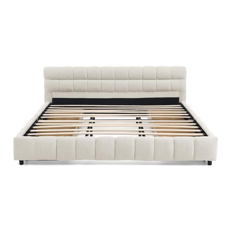 Modern Beige California King Upholstered Bed with Storage Drawers and Chenille Fabric Headboard