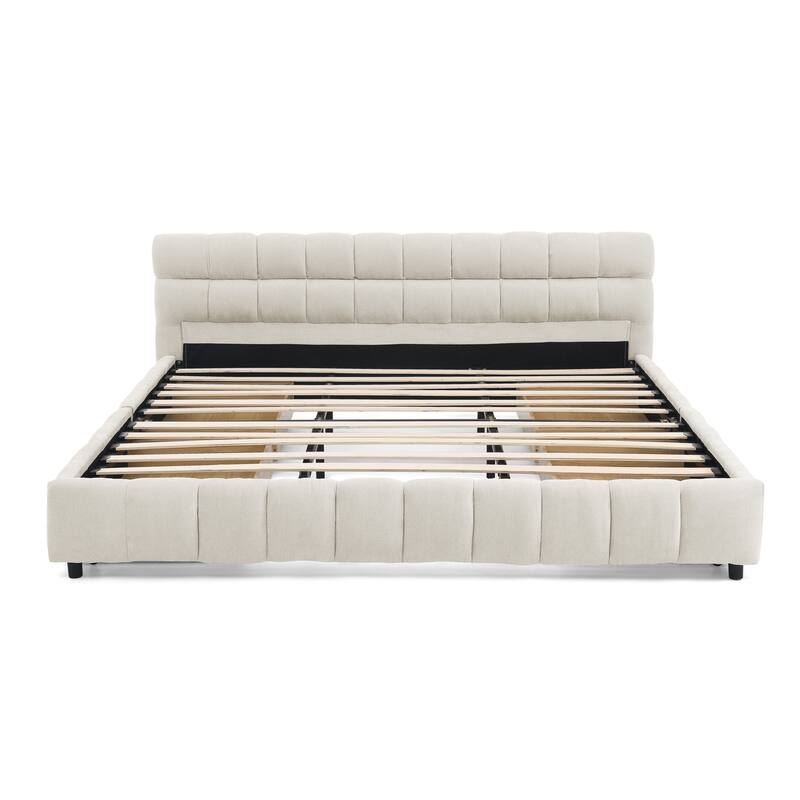 Upholstered Bed Platform King Bed Chenille Upholstered Frame Lattice Tufted Grounded Bed with 4 Bottom Drawers for Bedroom