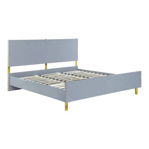 Tyra Modern King Bed, Panel Headboard, Luxury Textured Chevron, Gray, Gold