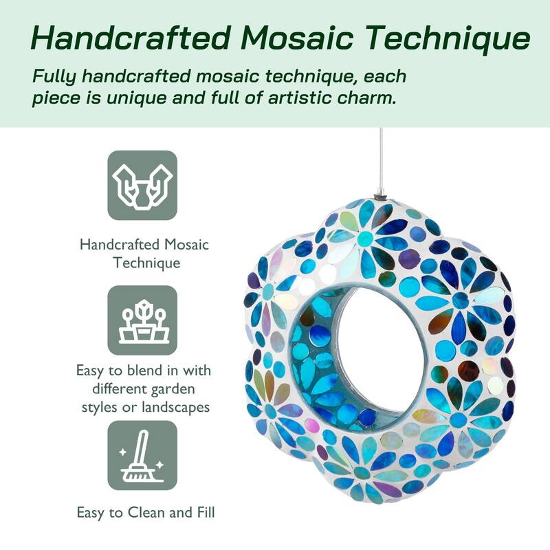 Glitzhome 8.5"D Glass Flower Shaped Hanging Multi-Color Mosaic Birdfeeder