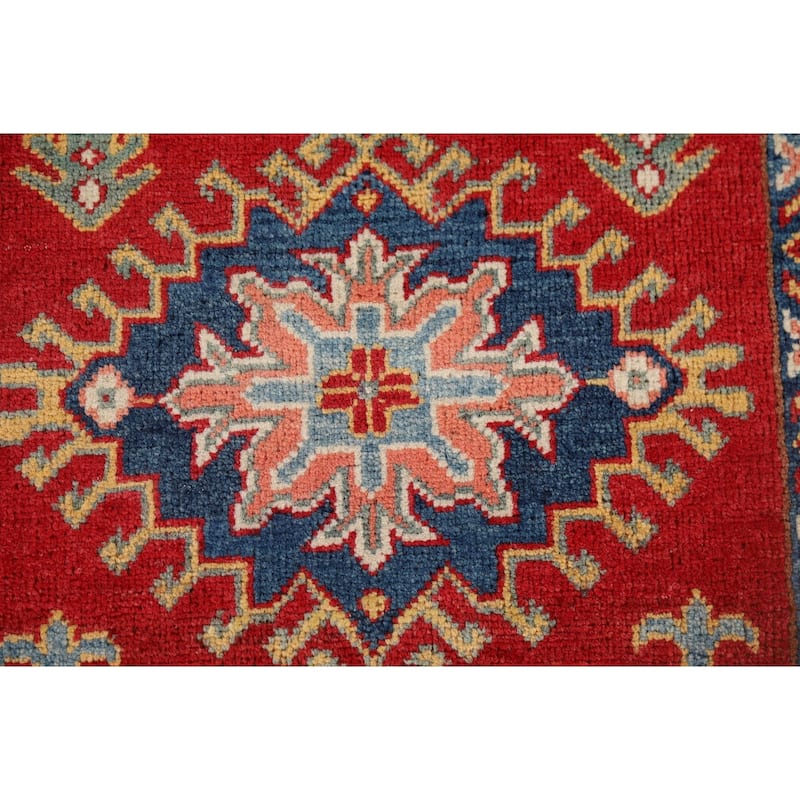 Geometric Red Kazak Oriental Runner Rug Hand-Knotted Wool Carpet - 2'7" x 9'4"