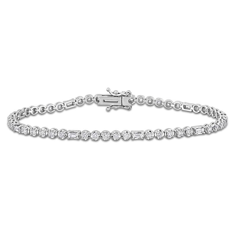 Miadora 14k White Gold Round and Baguette Diamond Tennis Bracelet 1 3/5ct TDW