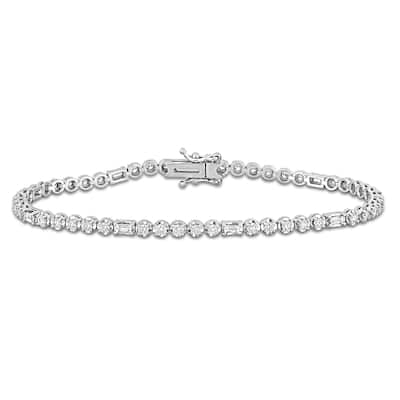 Miadora 14k White Gold Round and Baguette Diamond Tennis Bracelet 1 3/5ct TDW