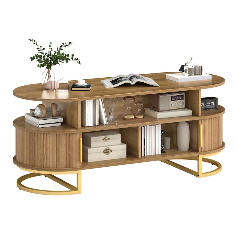 Moasis Oval Fluted Coffee Table with Sliding Doors