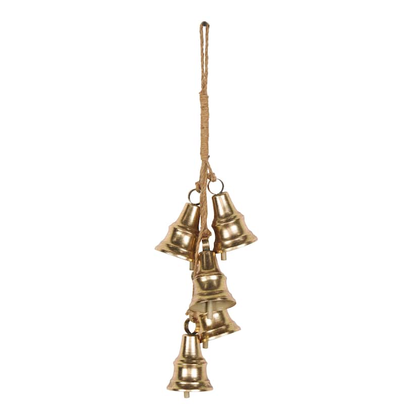 Metal Cascading Cluster Decorative Bells with Jute Hanging Rope - Gold - Roche River Decor