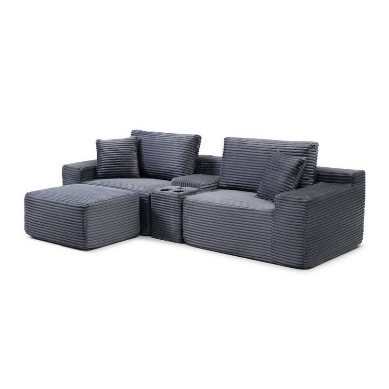 111" L-Shaped Corduroy Boneless Sectional Sofa with Ottoman
