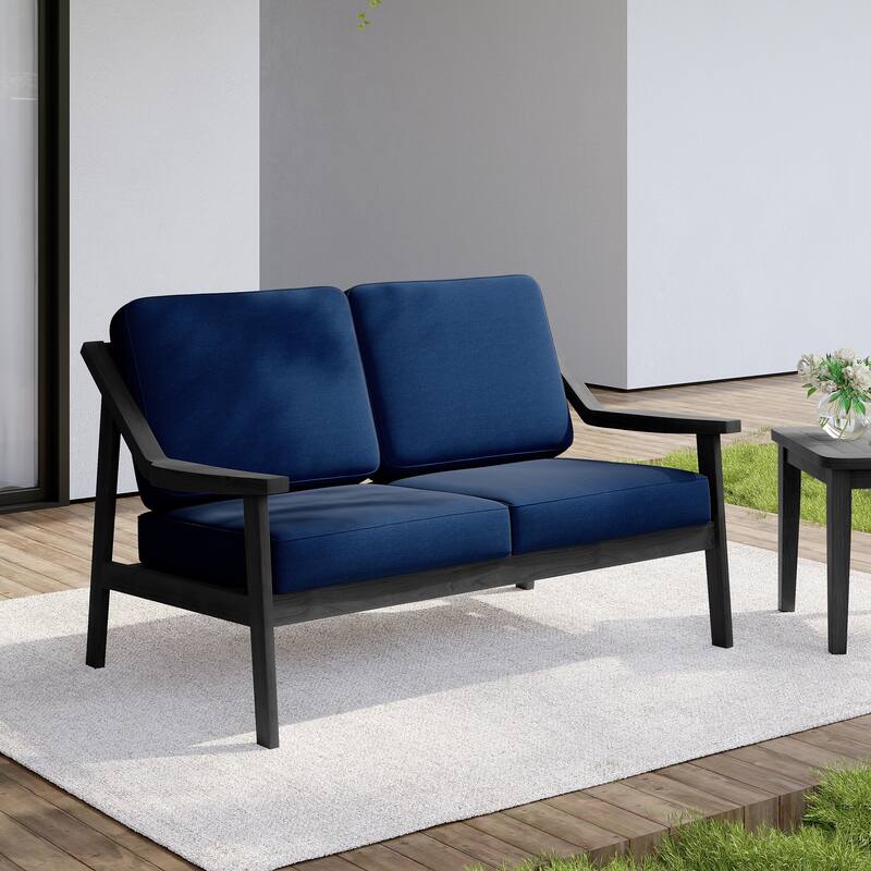 Outdoor Wood Teak Patio 2 Seater Loveseat with Cushion - Dark Wood - Navy