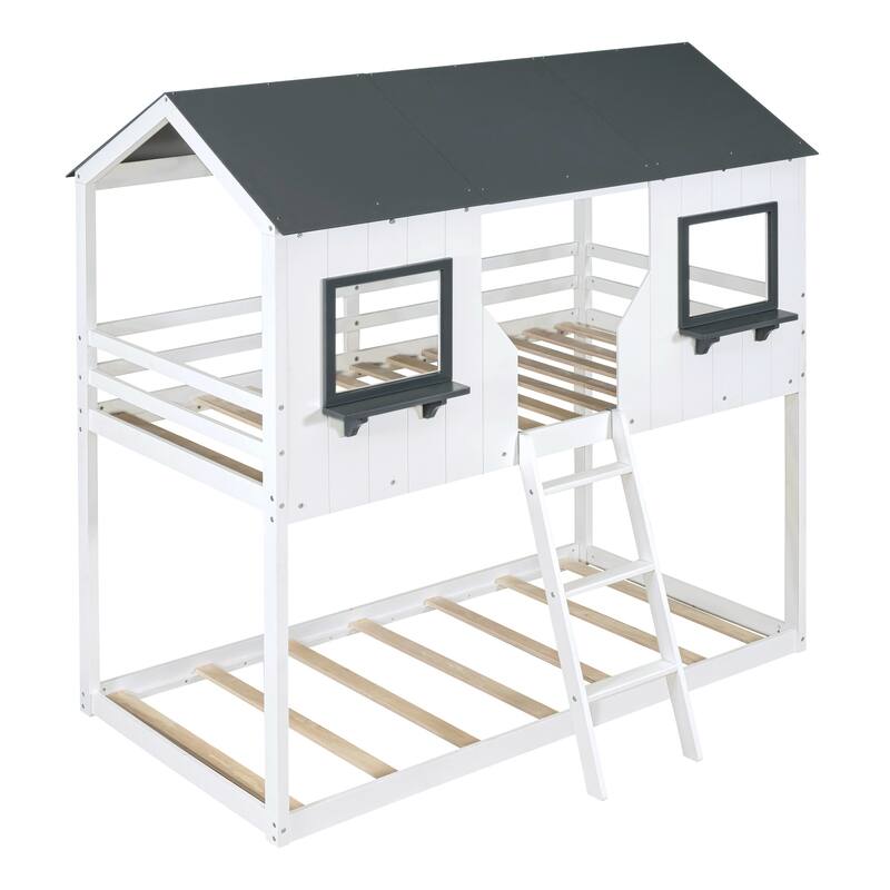 Twin Over Twin Bunk Bed with Roof, Window, Guardrail, and Ladder in White