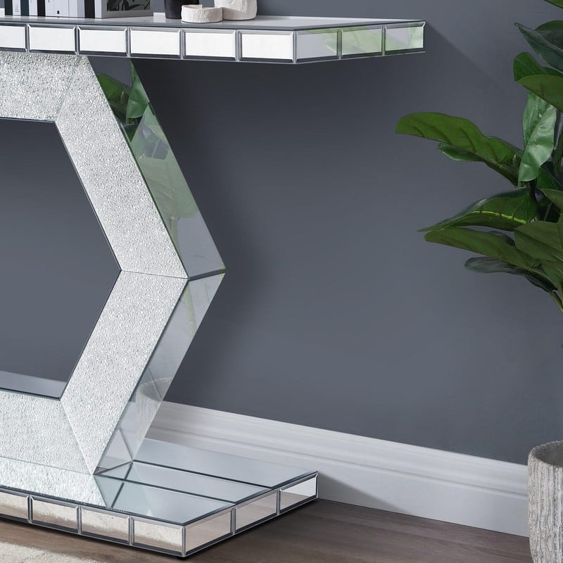 Modern 55" Crystal Hexagon Mirror Console Table Entryway Foyer Decor with Diamond Glass Effects
