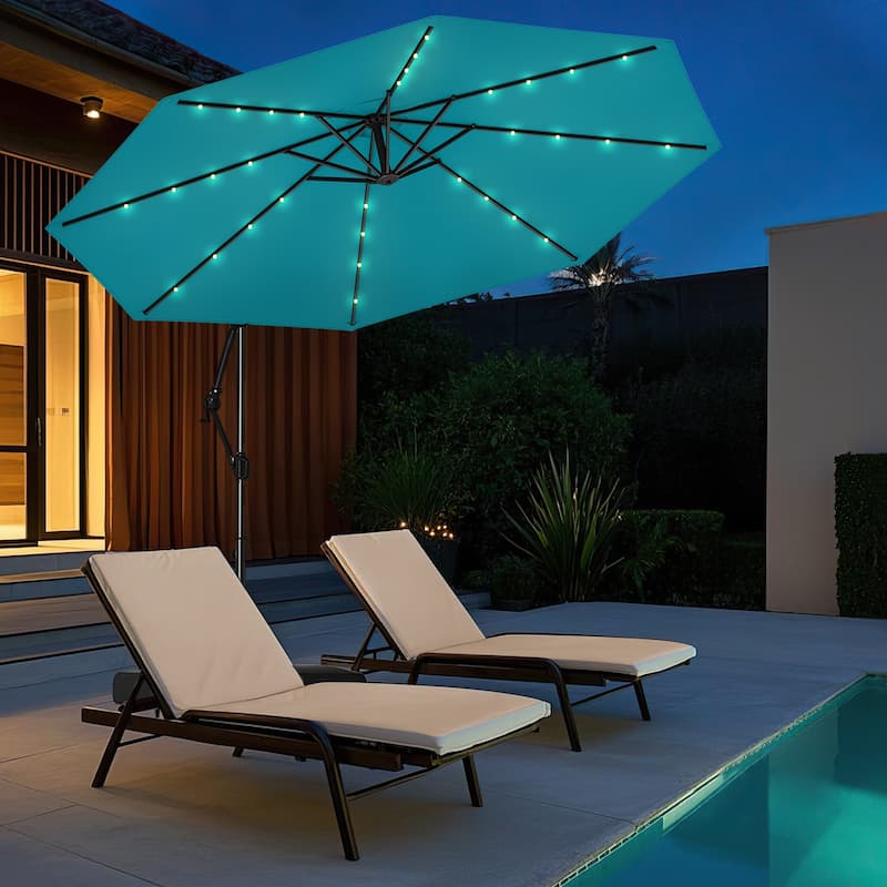 Large 10 Feet Patio Offset Umbrella with Stable Crossed Base and Solar LED Lights for Outdoor