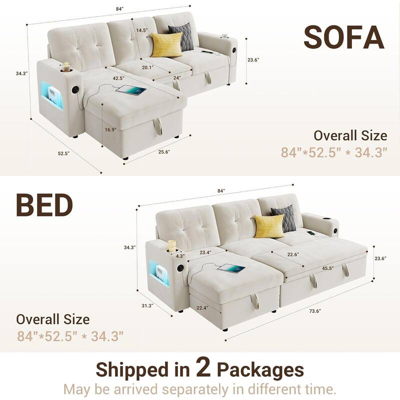 84" Sleeper Sofa Bed, Modular Sectional Cloud Couch with Reversible Storage Model