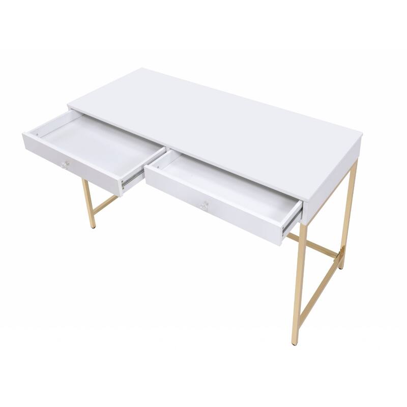 White Wood Glossy Computer Desk with Gold Metal Base and 2 Drawers