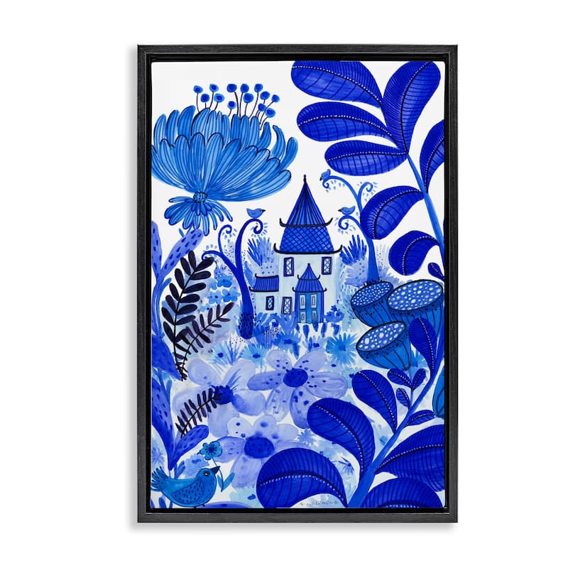 Stupell Whimsical Blue Folk Garden Framed Floater Canvas Wall Art Design By Kay Widdowson - 21 x 31 - Black