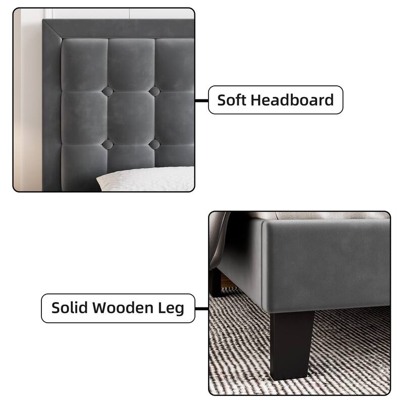 Button Tufted Velvet Platform Bed with Adjustable Headboard