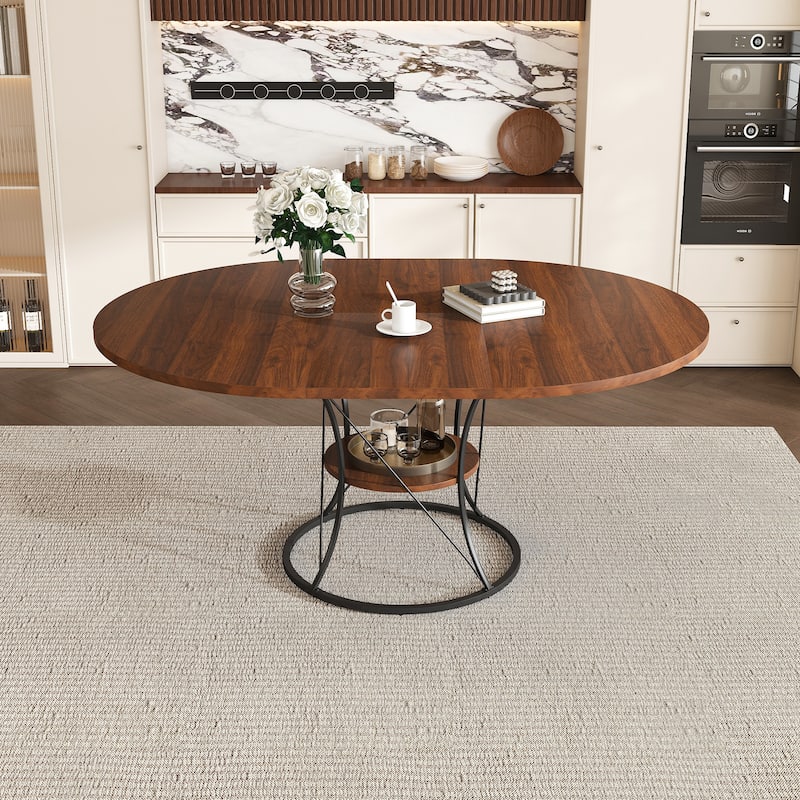 43 to 59 Inch Extendable Round Dining Table for 4-6 - Farmhouse Kitchen Table with Storage Shelf & Metal Base