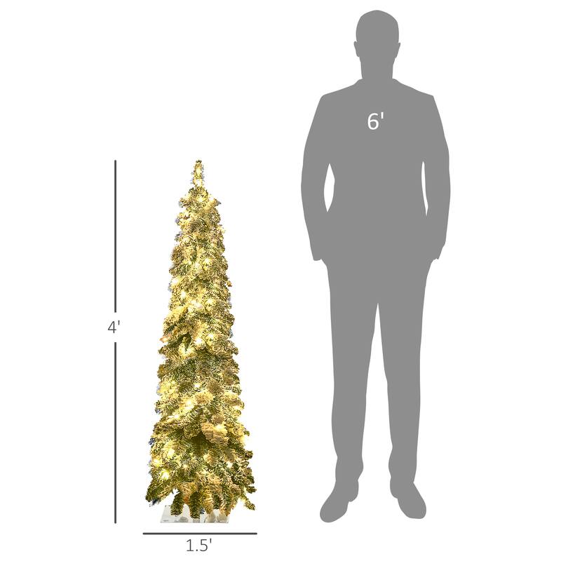 HOMCOM 4ft Tall Prelit Pencil Artificial Christmas Tree Holiday Décor with 225 Snow Flocked Branches, Downswept Shape - 3.93 ft
