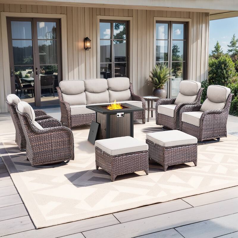 Pocassy 8/9PCS Patio Sofa Swivel Chair with 30" Fire Pit Tab;e - 9-Piece Sofa Siwvel Chair Ottoman w/ Fire Table - Beige Cushion Brown Wicker