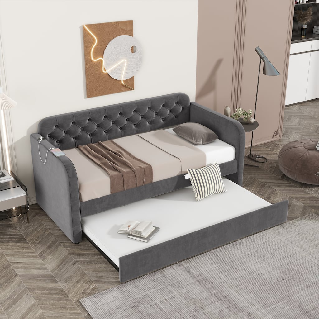 Upholstered Daybed Wooden Sofa Bed Frame, Twin Bed with Trundle & USB