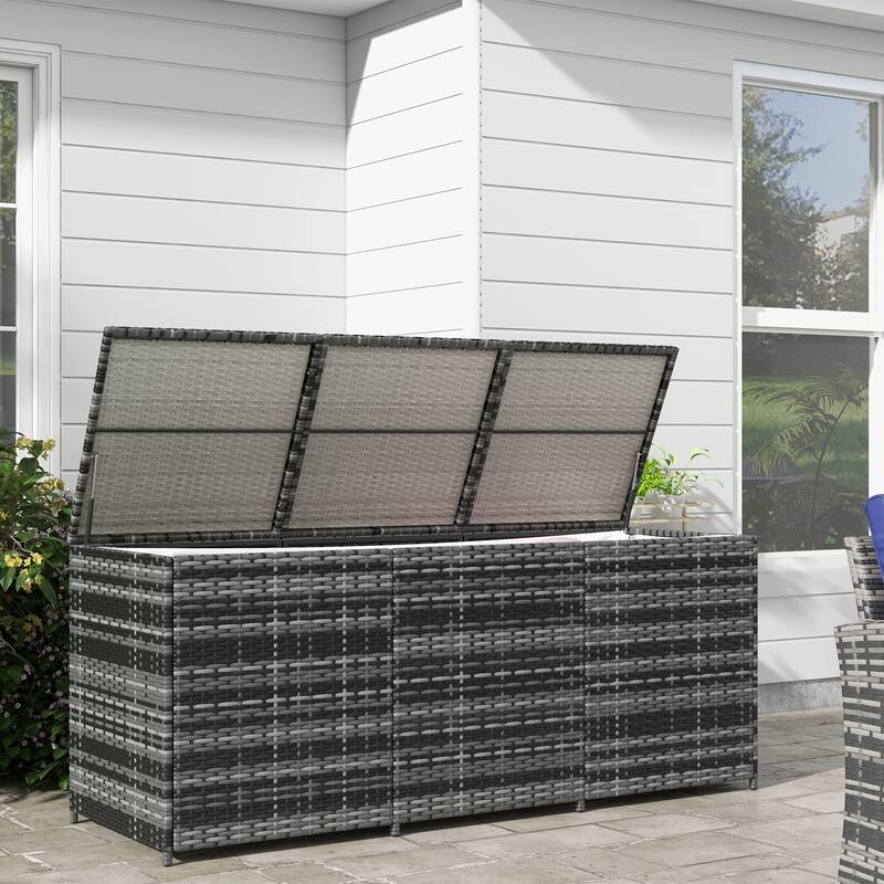175 Gallon Outdoor Storage Box Hidden Storage Box Rattan Deck Box with Inner Liner Pneumatic Bar Lift for Indoor Outdoor - Grey