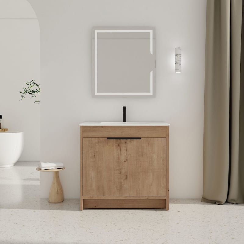 24", 30", 36" Freestanding Bathroom Vanity with White Ceramic Sink & Soft-Close Doors - 36" - Imitative Oak