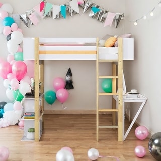Full Size Wood Loft Bed With Built-in Storage Cabinet and Cubes,Foldable desk,Multiple Choice,2 installation options,White