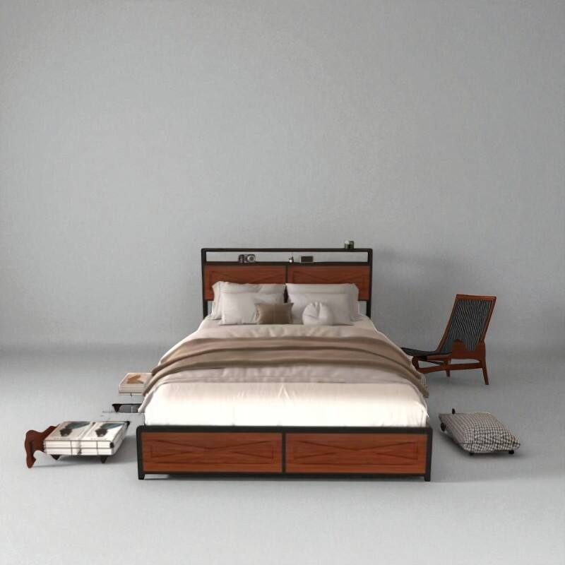 Full/Queen Bed Frame with Storage Headboard, LED Lights, Charging Station, 6 Drawers, No Box Spring Needed - Black Red - Full
