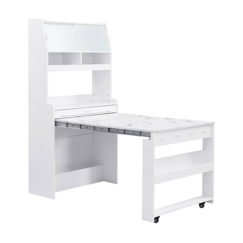 Multifunctional Buffet Hutch and Foldable Dining Table with Storage Unit and Rolling Wheels for Small Spaces