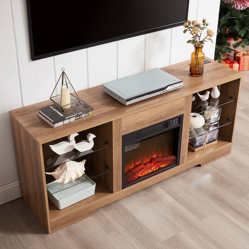 58'' TV Stand for TVs up to 62'' with 18'' Electric Fireplace, LED Lights, Glass Shelves, USB Charging Ports and Power Outlets