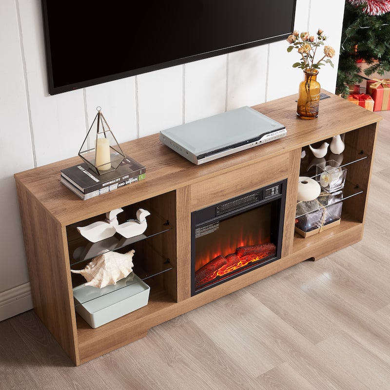 Wood Fireplace TV Console Stand w/ Glass Shelves & USB Charging Outlet