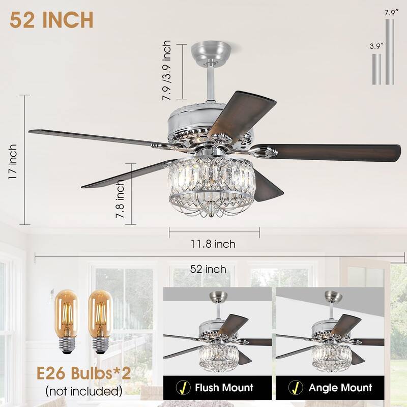52" Modern Crystal Ceiling Fan Chandelier with Remote,2 Bulbs,Reversible DC Motor,5 Plywood Blades - 52 Inches