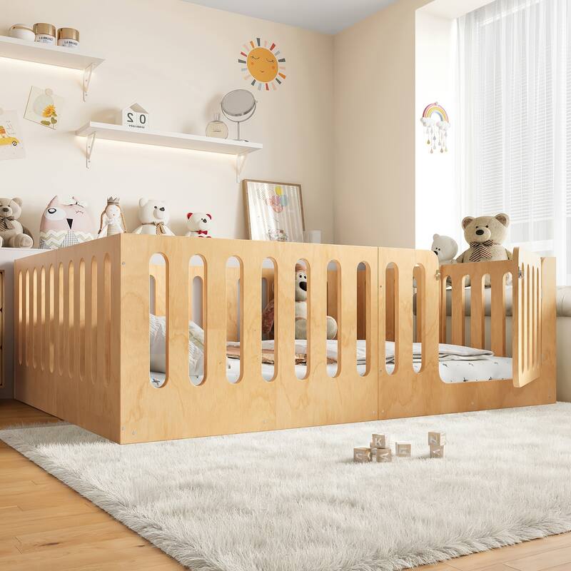 Queen Size Floor Bed with High Fence for Kids, Solid Wood Kids Montessori Bed with Door, No Box Spring Needed Design