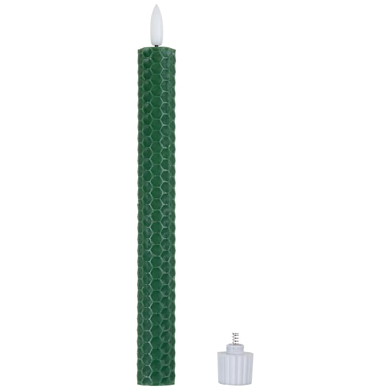 LED Taper Flickering Flameless Honeycomb Christmas Candles - 9.5" - Green - Set of 2