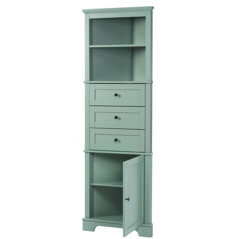 Green Triangle Corner Cabinet Floor Cabinet with Adjustable Shelves, Bathroom Skin Care Cabinet with 3 Drawers