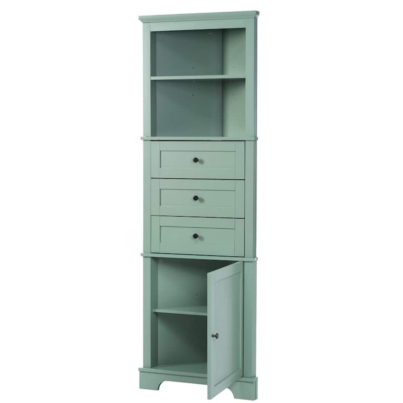 Green Triangle Tall Cabinet With 3 Drawers And Adjustable Shelves For Bathroom