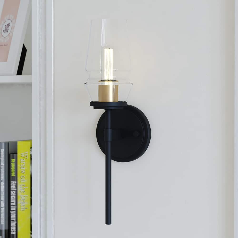 Warren Matte Black and Brushed Brass Gold Bathroom Vanity Lighting Fixture Clear Glass Shade Dimmable LED Compatible Wall Sconce