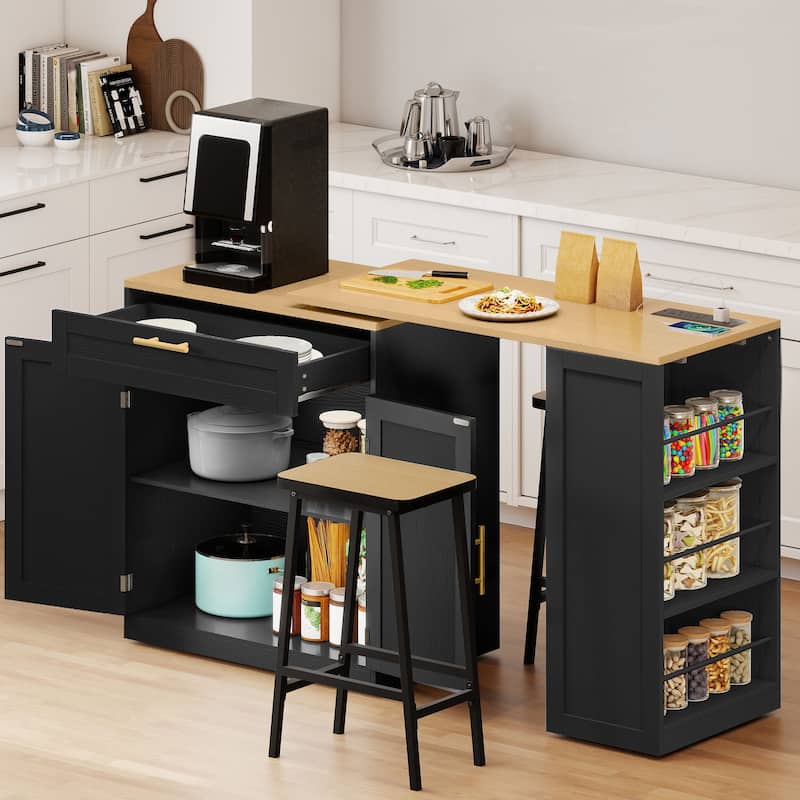 Moasis Kitchen Island with Seating & Extendable Dining Table,Mobile Storage Islands with 2 Chairs - Black