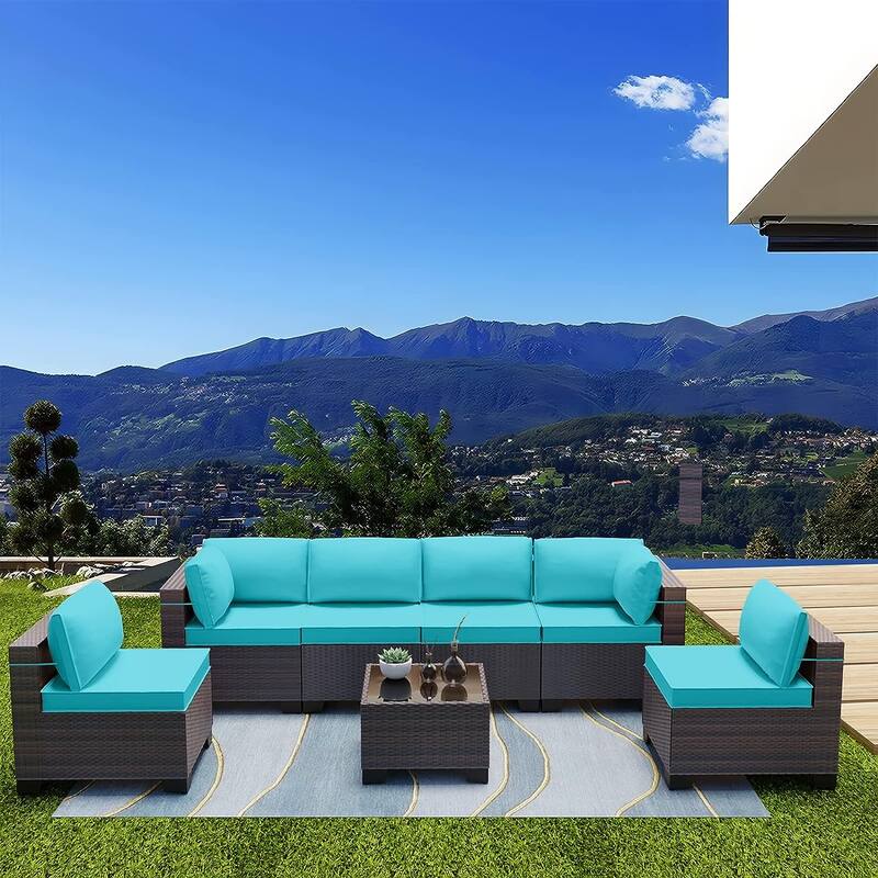 Kullavik 7 Pieces Outdoor Sectional Sofa Set Brown Wicker Patio Conversation Set with Seat Cushions and Tempered Glass Table