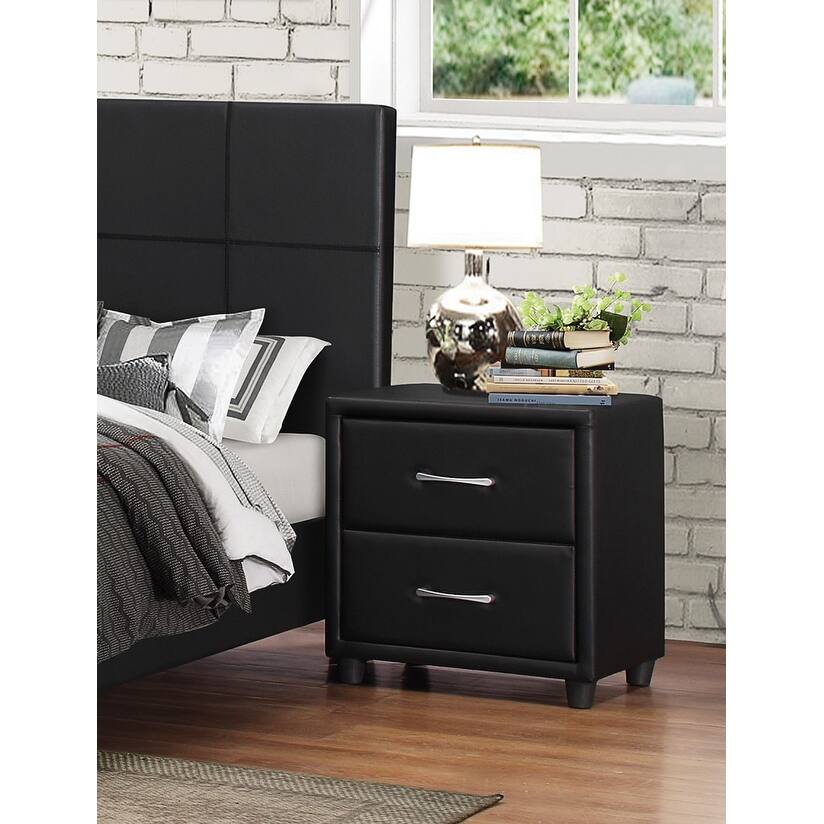 Modern Black Faux Leather Nightstand with Silver Bar Pulls