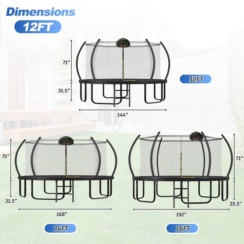 14FT Trampoline with Basketball Hoop for Kids and Adults, Round Outdoor Trampoline with Enclosure Net & Curved Poles