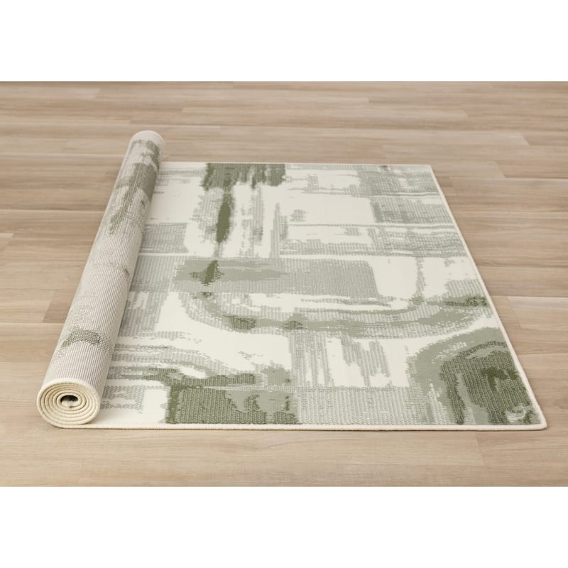 Cream Green Distressed Abstract High Traffic Area Rug