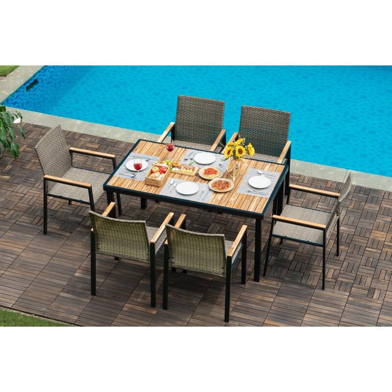 All Weather 7-Piece Patio Dining Table Sets, Patio Conversation Set Acacia Wood Table Top with Umbrella Hole