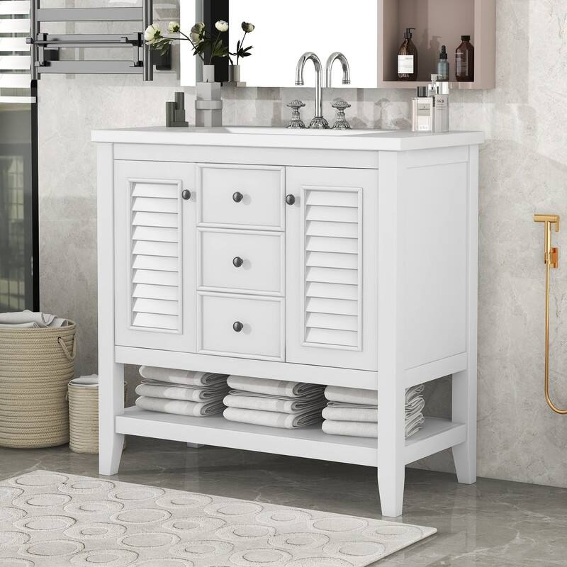 36" Bathroom Vanity with/without Sink, Bathroom Vanity Cabinet with 2 Cabinets and Drawers, Open Shelf, Solid Wood Frame