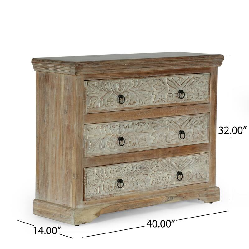 40x14 Wide Dresser Chest, 3 Drawers, White Walnut Brown Acacia Wood