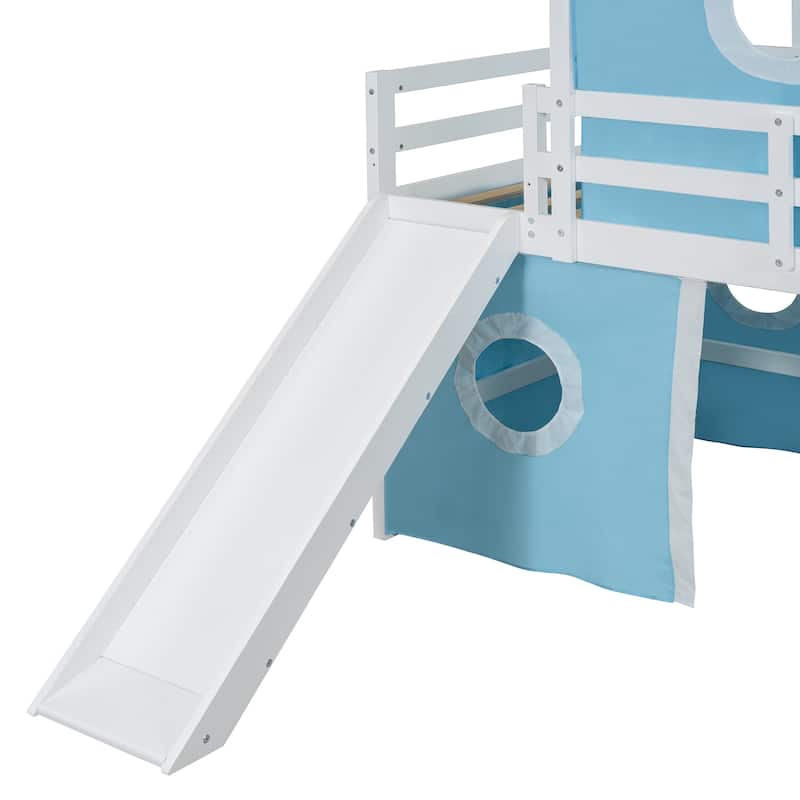 Blue Twin Size Solid Wood Loft House Bed with Slide and Ladder