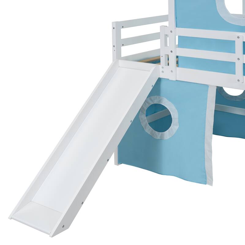 Twin Size Loft House Bed with Slide, Tent, & Tower