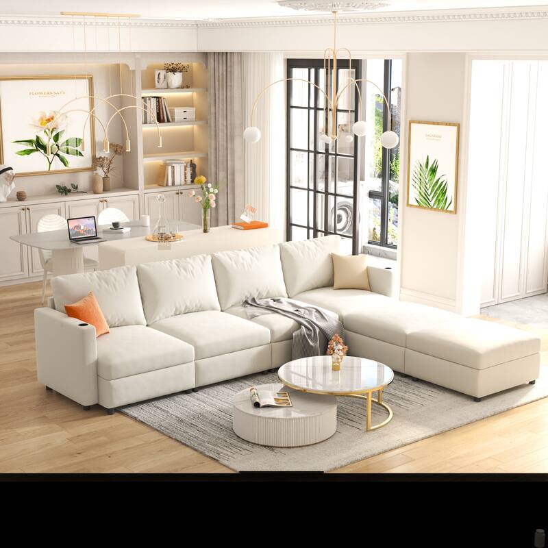 Oversized Sectional Sofa Set, Convertible L Shaped Couch Sofa Bed with Storage, 6 Seater Modular Sofa with Ottomans and Chaise