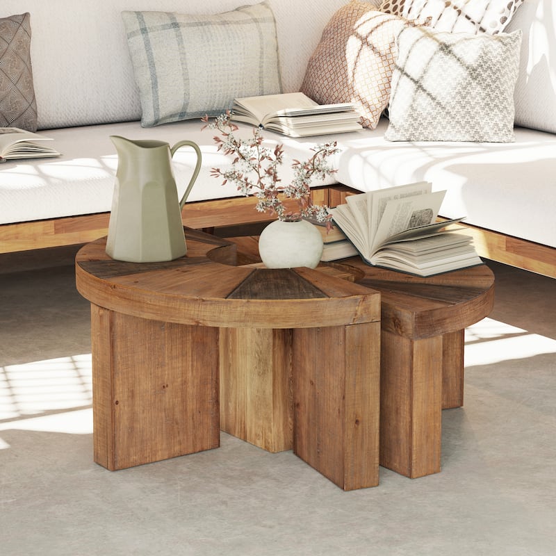 COZAYH Farmhouse Round Coffee Table Set, Rustic Wooden Coffee Table with 2-Piece Semi-Circular Design, Large Circle Table