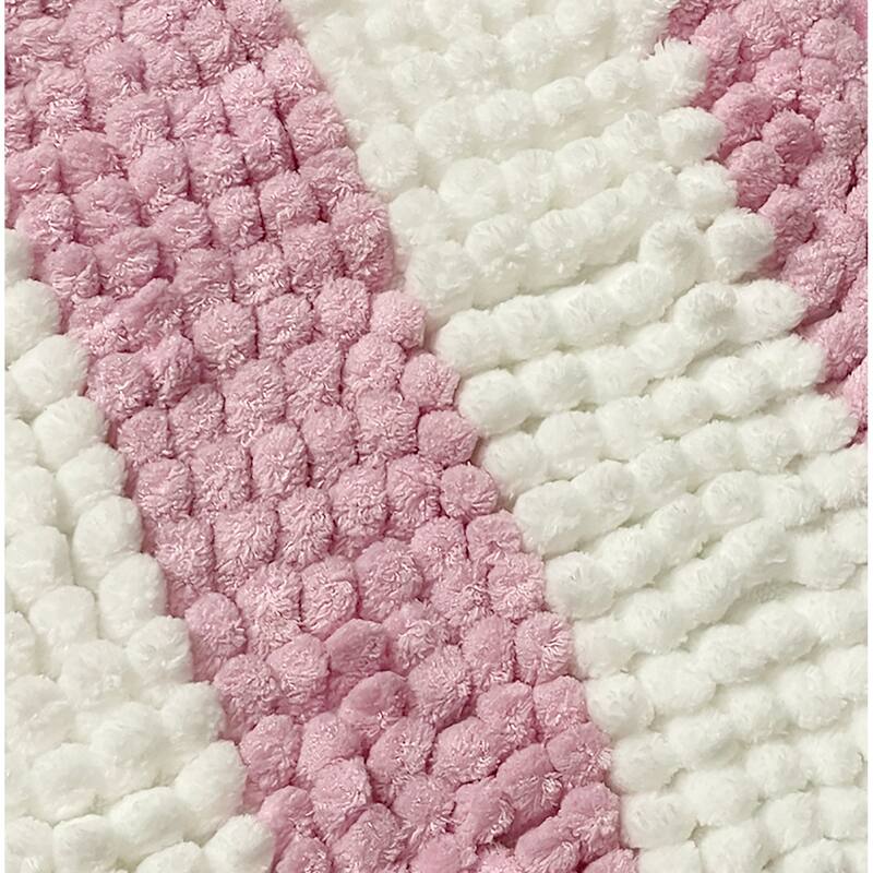 2 Piece Set Pink White Stripe Soft Cozy Plush Chenille Bath Mat Bathroom Rug