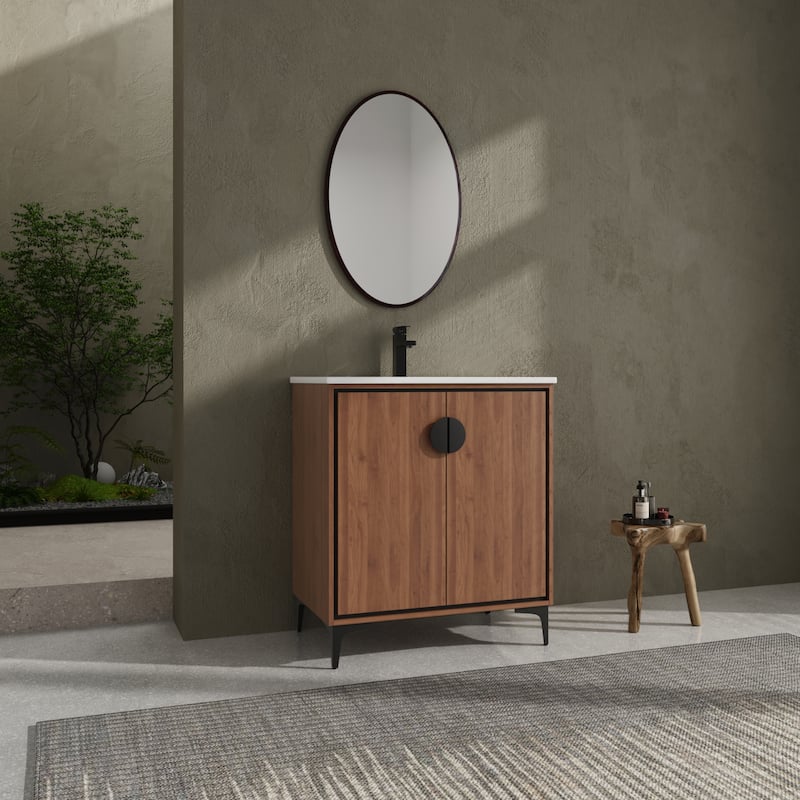 GDFStudio - Levistar Modern Freestanding Bathroom Vanity Cabinet with Ceramic Sink, Soft Close Doors & Metal Tripod - 30"